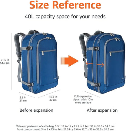 Amazon Basics Travel Backpack, Carry On Backpack, With Laptop Compartment, 40L Capacity, Expandable for 10% Extra Space, Backpack & Shoulder Bag Dual Use, 15.8"W x 21.5"H x 8.3"D, Navy
