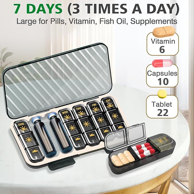 Weekly Pill Organizer 3 Times a Day, GloDeals Large Travel Pill Box 7 Day, Am Pm Three Daily Pill Case with Removable Medicine Container, Pill Holder for Vitamin, Supplement, Fish Oil, Black