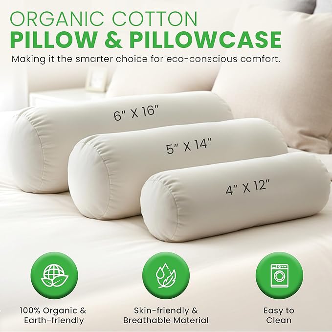 Organic Cotton Neck Roll Pillow with Pillowcase – Organic Buckwheat Filled Soft Neck Pillow with Breathable and Durable Fabric Washable Protector – Supportive for Deep Sleep – Made in USA, 5" x 14"