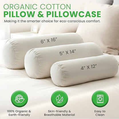 Organic Cotton Neck Roll Pillow with Pillowcase – Organic Buckwheat Filled Soft Neck Pillow with Breathable and Durable Fabric Washable Protector – Supportive for Deep Sleep – Made in USA, 5" x 14"
