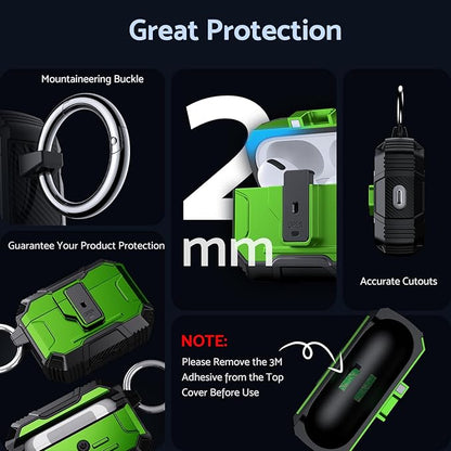 DASFOND Armor Earphone Cover Case for Airpods Pro 2, Military Grade Full Body Shockproof Protection Hard Case, Support Wireless Charging with Keychain, Magnetic Lid, Front LED Visible, Green