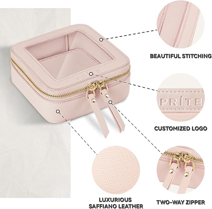 Prite Small Makeup Bag for Women Portable Clear Makeup Bag Cute Mini Waterproof Travel Cosmetic Bag with Gold Zipper for Car Essentials(Pearlescent Pink)