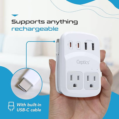 Ceptics World Travel Adapter Kit 2 USB-A, USB-C US Outlets, 20W/QC 18W Power Delivery, Surge Protection, SWADAPT Compatible for Europe, UK, China, Australia, Japan Perfect Laptop (WPS-5B)