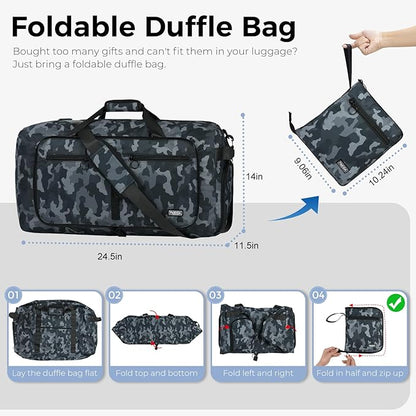 Fmeida 65L Duffle Bag with Shoes Compartment, Foldable Travel Duffel Bags for Men Women, Large Packable Travel Bag Water Repellent & Tear Resistant (BlackCamo)