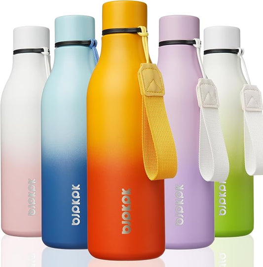 BJPKPK Insulated Water Bottles, 18 oz Stainless Steel Metal Water Bottle with Strap, BPA Free Leak Proof Jugs, Mugs, Flasks, Reusable Thermal Flasks for Sports & Travel, Sunset Orange