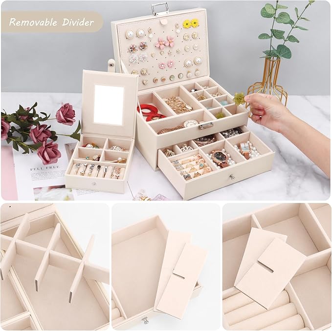 DesignSter Jewelry Organizer Box, 2 Layers Large Jewelry Box with Travel Jewelry Case, Leather Jewelry Storage Case for Rings Earrings Bracelets Necklaces (Beige)