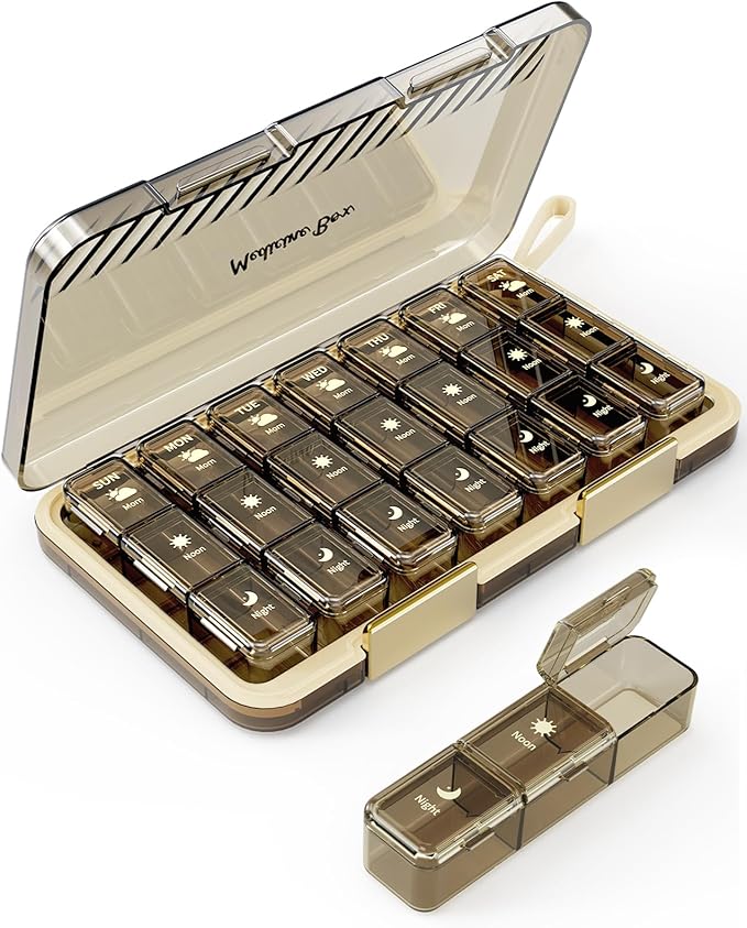 Pill Organizer 3x a Day, Large 7 Day 3 Times a Day Weekly Pill Box with 7 Detachable Pill Containers, Portable Daily Travel Medicine Pill Case Medicine Organizer for Vitamin Fish Oil Supplement, Brown
