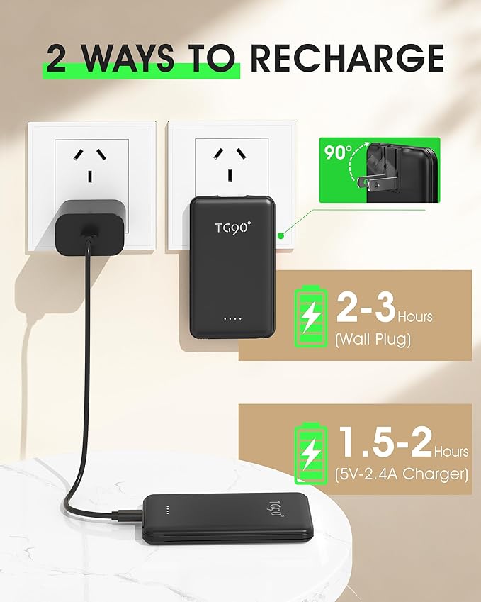 TG90° Ultra Slim 5000mAh Portable Charger Built-in Foldable AC Wall Plug and Cables, Pocket Size USB C Power Bank,External Battery Pack Compatible with iPhone 17 16 15 14 13 12 Android Devices iPad