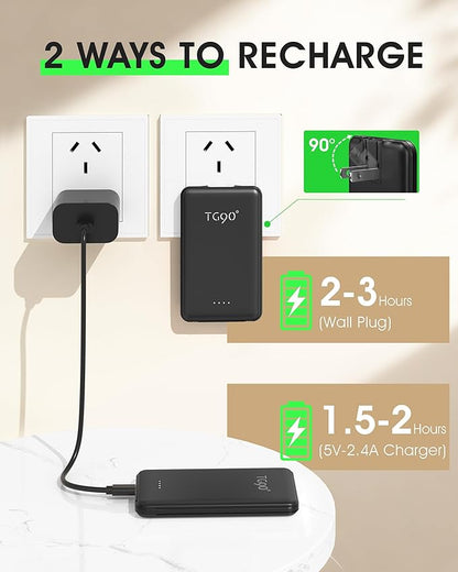 TG90° Ultra Slim 5000mAh Portable Charger Built-in Foldable AC Wall Plug and Cables, Pocket Size USB C Power Bank,External Battery Pack Compatible with iPhone 17 16 15 14 13 12 Android Devices iPad