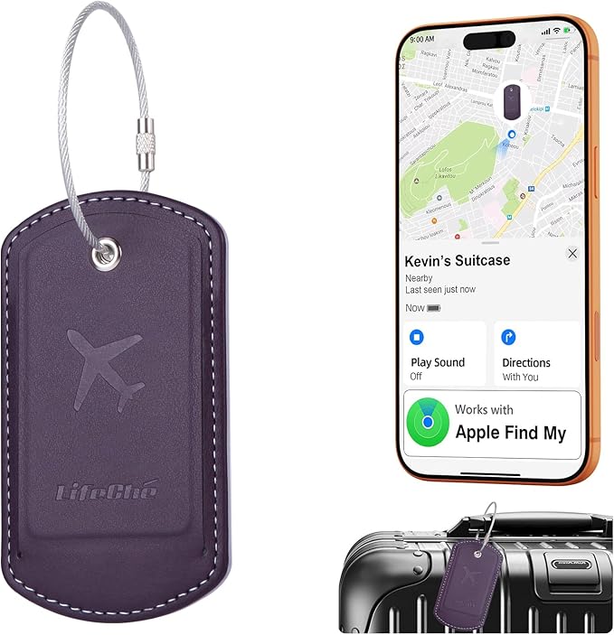 Luggage Tag with Tracker (iOS Only), Premium PU Leather Luggage Tags for Suitcase, Privacy Cover & ID Card Slot, Stainless Loop for Travel Bags, Backpack, Pet Carrier, Ideal Gadgets (Purple)