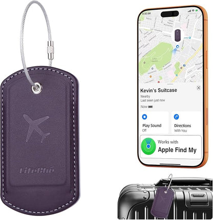 Luggage Tag with Tracker (iOS Only), Premium PU Leather Luggage Tags for Suitcase, Privacy Cover & ID Card Slot, Stainless Loop for Travel Bags, Backpack, Pet Carrier, Ideal Gadgets (Purple)