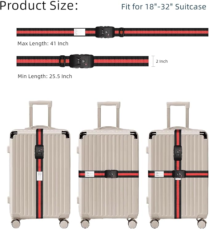 Travel Luggage Strap Adjustable Suitcase Packing Belt with TSA Combination Lock(Red+Black 2 Pack)