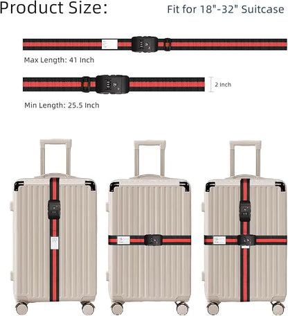 Travel Luggage Strap Adjustable Suitcase Packing Belt with TSA Combination Lock(Red+Black 2 Pack)