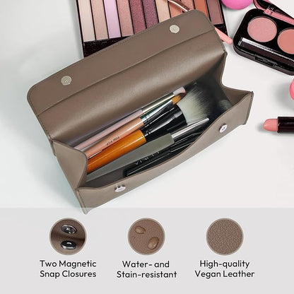 carrotez Stylish PU Leather Makeup Bag: Versatile Travel Toiletry Bag & Cosmetic Pouch, Small Makeup Organizer for Purse Essentials, Ideal Makeup Brush Holder & Sunglasses Case for Women - Cocoa Brown