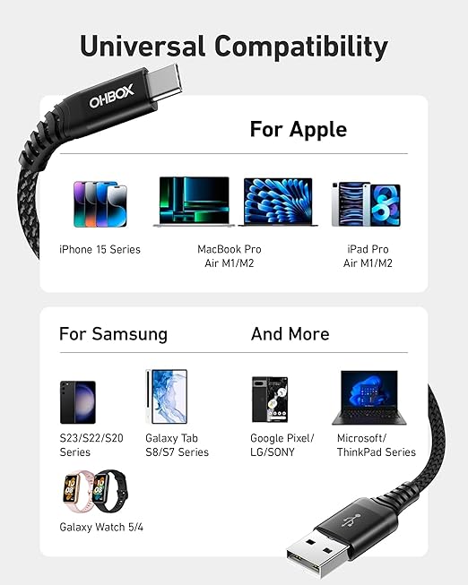 USB C Cable Fast Charging 6FT, 2Pack USB A to USB C Cable for CarPlay, Durable Braided USB Type C iPhone Charger USBC Cord for iPhone 17/16/15/Pro Max/Plus, Samsung Galaxy S23 and More-Black