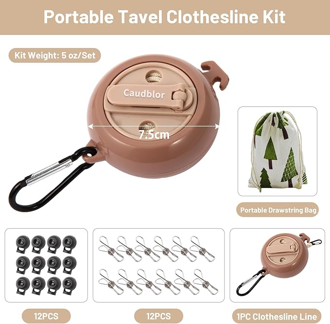 Portable Travel Clothesline Cord, Caudblor Adjustable 33ft Camping Clothes line, Laundry Drying Rope for Hotel Trip, Cruise, Outdoor/Indoor, with 12Pcs Stoppers, Windproof Clothespins
