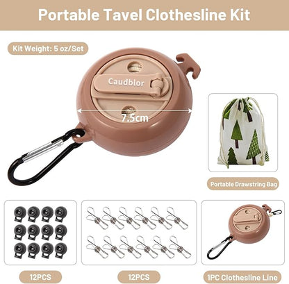 Portable Travel Clothesline Cord, Caudblor Adjustable 33ft Camping Clothes line, Laundry Drying Rope for Hotel Trip, Cruise, Outdoor/Indoor, with 12Pcs Stoppers, Windproof Clothespins