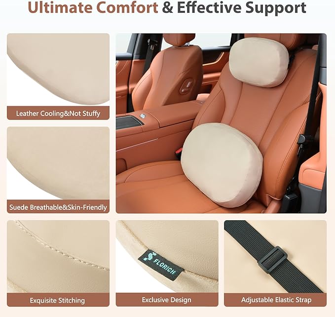FLORICH Double-sided Car Headrest & Lumbar Support Cushion Skin-friendly Suede & Leather Car Seat Pillow and Back Support Soft Neck & Tailbone Cushion for Car Office Chair Neck Back Pain Relief, Beige