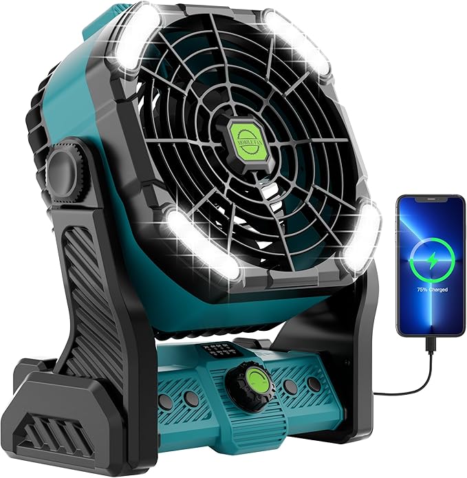 20000mAh Battery Powered Fan Rechargeable,Rechargeable Portable Camping Fan with Light,270°Rotation Battery Operated,USB Camping Essentials Tent Battery Fans Portable X26 Cyan