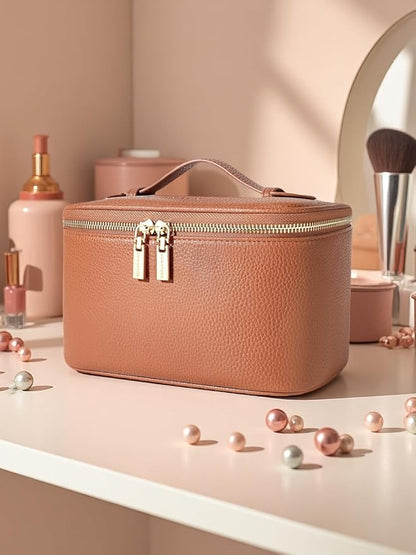 Cosmetic Bag,ROWNYEON Makeup Bag,Portable Makeup Train Case,Travel Toiletry Bag Case Organizer for Women,Brown