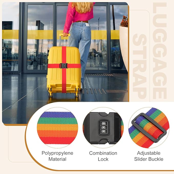 MECCANIXITY Luggage Straps with Combination Lock Adjustable Suitcase Belt Strap for Suitcase Briefcase Backpack Travel, Rainbow, Pack of 4