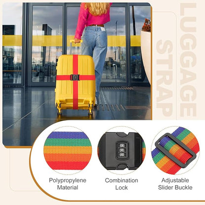 MECCANIXITY Luggage Straps with Combination Lock Adjustable Suitcase Belt Strap for Suitcase Briefcase Backpack Travel, Rainbow, Pack of 4
