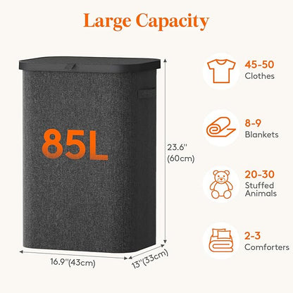 Lifewit 85L Laundry Basket with Lid, Large Laundry Hamper with Plastic Handles and Removable Bag, Foldable Tall Dirty Clothes Hampers for Laundry for Laundry Room, Bedroom, Bathroom, Dorm, Dark Gray
