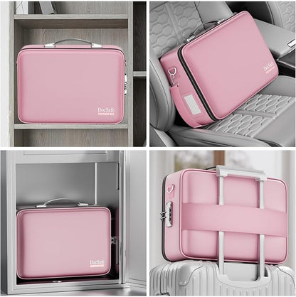 DocSafe Fireproof Document Box with Lock, Hard Case File Organizer with Accordion File Folder, Fireproof Water Resistant Safe Box Home Office Travel Storage for Important Documents Laptop Pink