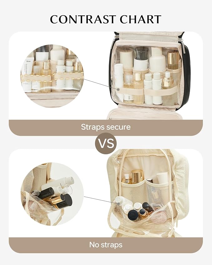 EACHY Toiletry Bag with Hanging Hook, Travel Makeup Bag PU Leather Cosmetic Bags for Women Make Up Organizer with 4 Compartments Waterproof Full-Size Portable Travel Essentials (Black，Pro)