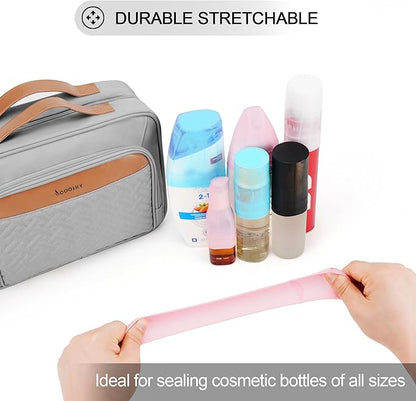 Travel Hanging Toiletry Bag for Women and Men, with 8 Leak Proofing Silicone Bottle Covers, Waterproof Makeup Accessories, Cosmetic Essentials, Cruise Ship Toiletries Bag with Jewelry Organizer, Pink
