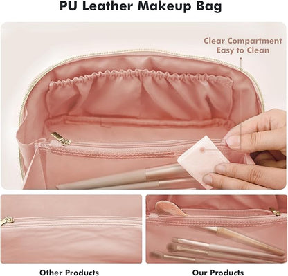 Prite Makeup Bag for Women Travel Waterproof Vegan Leather Cosmetic Bag Open Flat Toiletry Bag With Clear Divider and Handle (Large Pink)