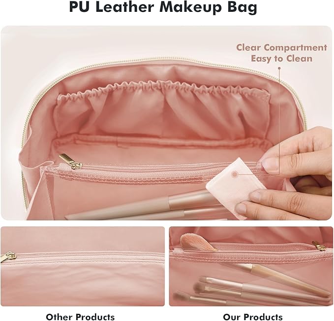 Prite Makeup Bag for Women Travel Waterproof Vegan Leather Cosmetic Bag Open Flat Toiletry Bag With Clear Divider and Handle (Pink)