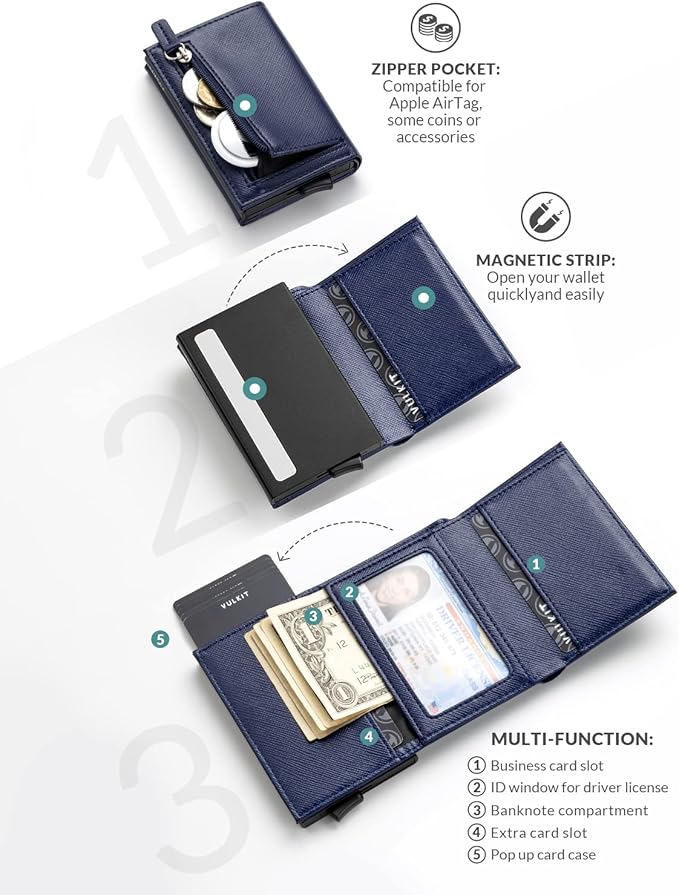 VULKIT Pop up Wallet Minimalist Cash Wallets RFID Blocking Leather Smart Credit Card Holder with Magnetic Closure for Men