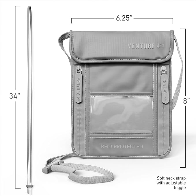 VENTURE 4TH Neck Wallet, RFID Blocking Passport Holder for Travel – Hidden Neck Pouch with 5 Compartments, Slim Lightweight Organizer with Adjustable Strap for Cash, Cards & Passport (Sleek Silver)