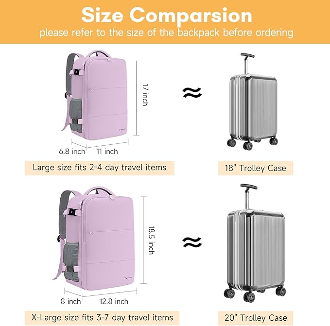 Taygeer Travel Backpack for Men Women, Airline Approved Underseat Personal Item with 17.3 inch Laptop Compartment, TSA Friendly Mochila for Business Hiking Weekend, Carry On Backpack, Orchid Purple