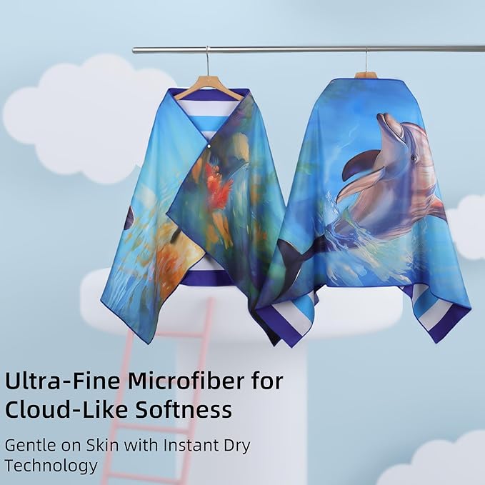 Microfiber Beach Towels 70''x35'' Extra Large Oversized 2 Pack Quick Dry Sand Free Blue White Striped Towel Cute Dolphin for Adults Women,For Pool Spa Swim Travel Yoga - Portable&Lightweight