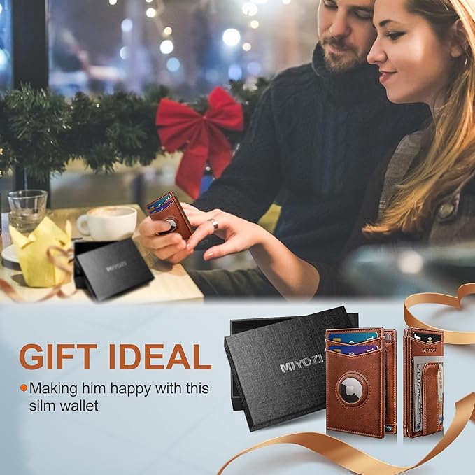 Airtag Wallet for Men- with Money Clip Gift Boxed, Magnetic Closure Slim Genuine Leather Front Pocket Wallet, 4.1"x 2.8", RFID Blocking