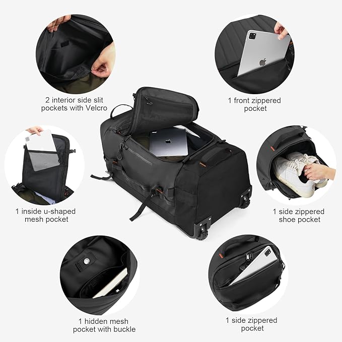 Vomgomfom 86L Collapsible Wheeled Luggage with Removable Backpack Straps,Waterproof Rolling Duffle Bag with Quilted Base,No Telescope Handle,Black