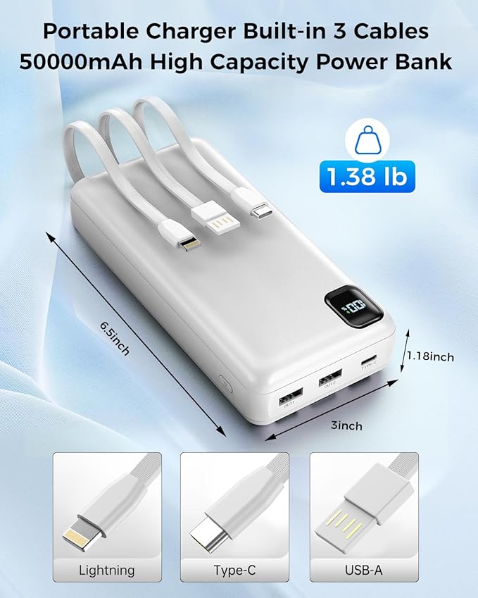 Portable Charger Power Bank 50000mAh Built-in Cables, PD 20W Fast Charging Large Capacity Battery Pack, 5 Output 2 Input LED Display Powerbank Compatible with Phone (White)