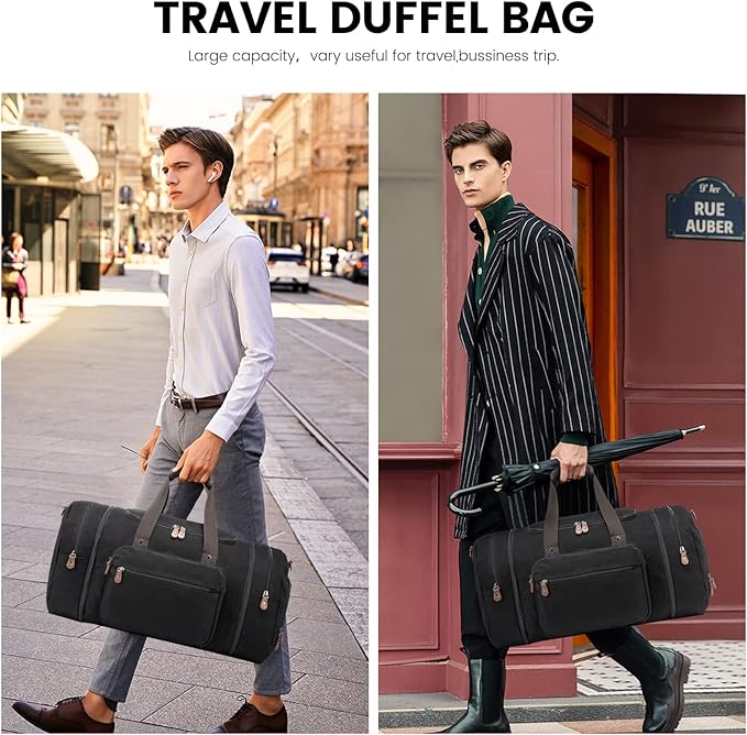 Sucipi Canvas Travel Duffel Bag for Men, Weekend Overnight Bag with Shoe Compartment and Toiletry Bag, Carry-On for Airplanes, Black