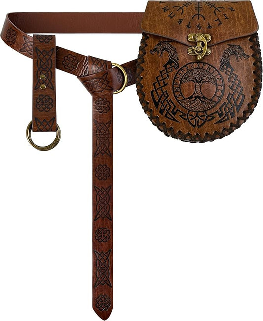 Nordic Embossed Belt Pouch Vintage Portable Waist Bag Renaissance Belt Set Medieval Side Pack for Cosplay Accessories (Brown)