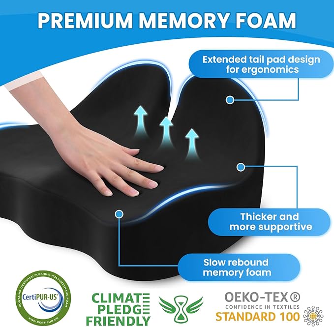 Seat Cushion, Memory Foam Office Chair Seat Cushion for Office Chairs/Car/Long Trip/Desk Chair/Gaming, X-Large Size for Sciatica & Hip & Tailbone Pain Relief, Sciatica Support (Black)