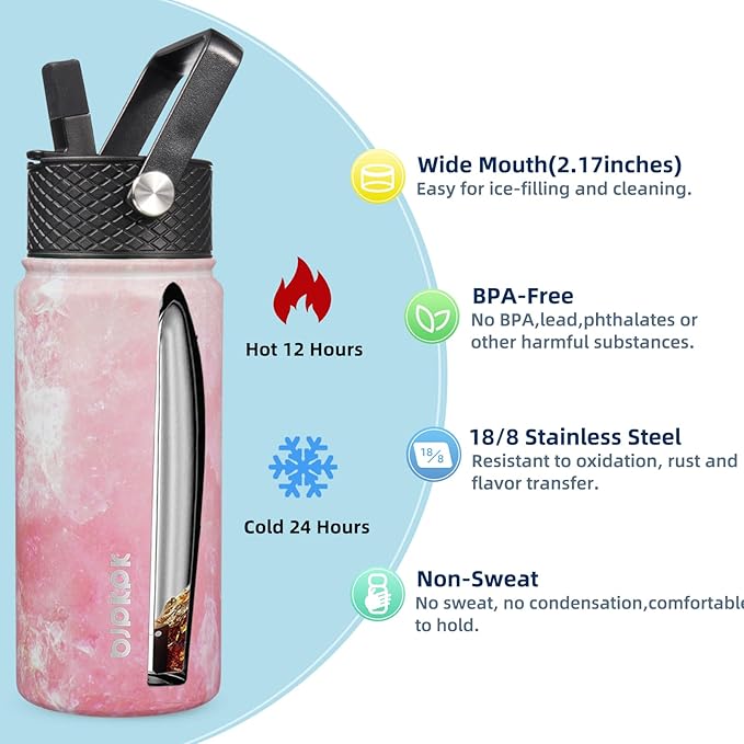 BJPKPK 2 Pack Insulated Water Bottles with Straw Lids, 18oz Stainless Steel Metal Water Bottle with 6 Lids, Leak Proof BPA Free Jugs, Cups, Flasks for Travel, Sports (Blossom+Ocean)