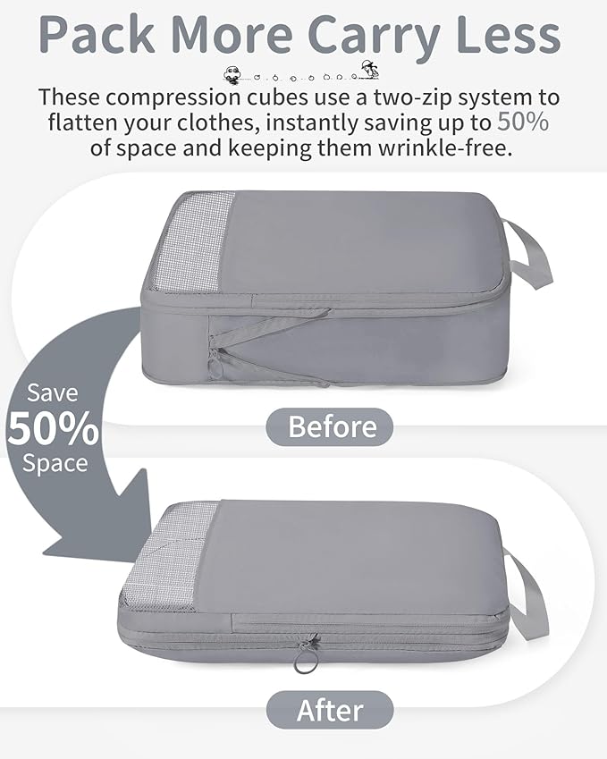 Compression Packing Cubes 11 Set, Expandable Suitcase Organizers, Gray Luggage Bags