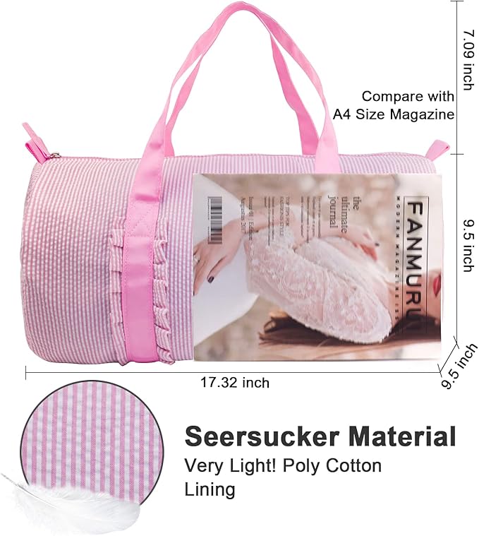 Kids Travel Overnight Bag Seersucker Carry On Lightweight Weekender Duffel Bag for Boys and Girls (Pleated Pink) X-large