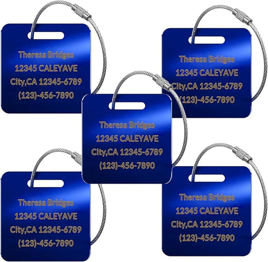 (5pack Made in USA) Personalized Luggage Tags-Custom Metal Luggage Tags for Suitcases, Backpacks Bags Handbags (Blue (2×2))