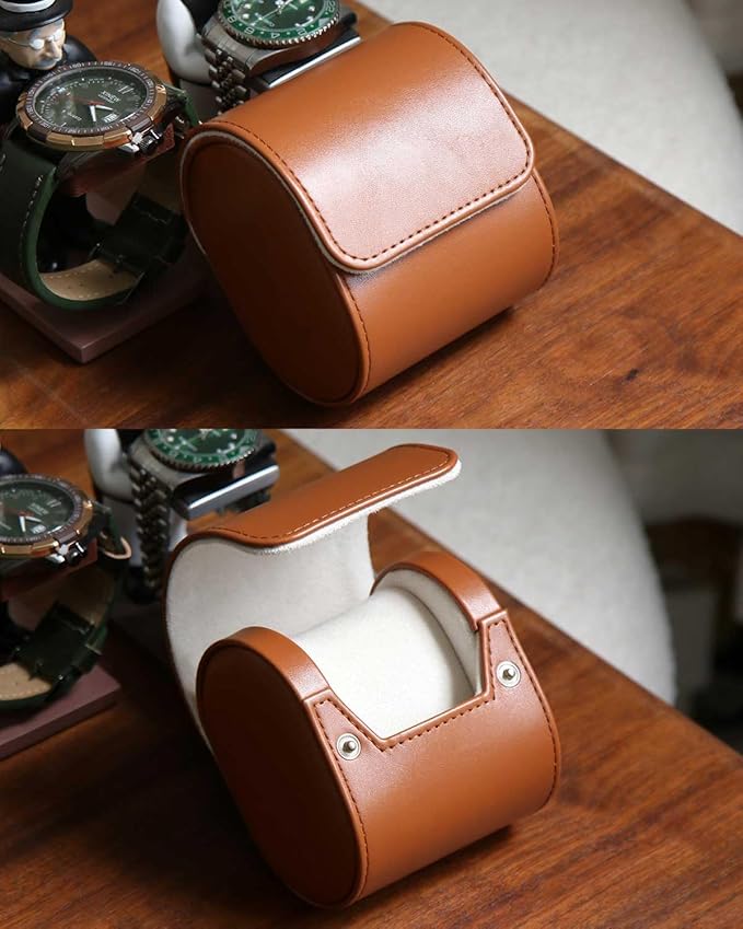 Leather Watch Case, Variable Size Pillow Design, Portable Storage Box with Faux Suede Fabric Lining for Men and Women