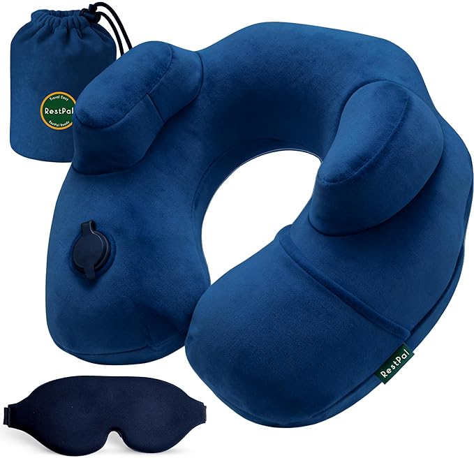 Adjustable Memory Foam Sides Inflatable Travel Neck Pillow | Super Soft, Compact & Portable Neck Support Pillow (Navy Blue, Standard)