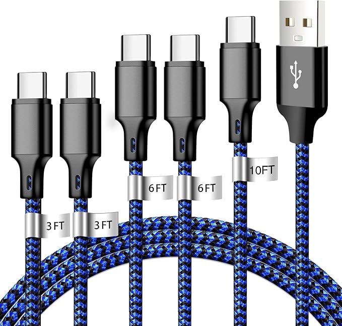 USB A to USB C Charger Cable, 5 Pack [3/3/6/6/10ft] Type C Fast Charging Cord High Data & Transfer Wire Compatible for iPhone 16/15/Pro/Plus/Pro Max iPad Pro Air ps5 Controller Samsung (BlackBlue)