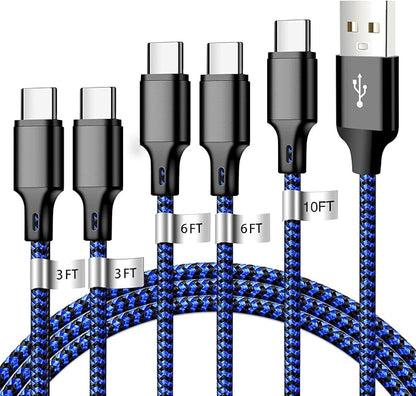 USB A to USB C Charger Cable, 5 Pack [3/3/6/6/10ft] Type C Fast Charging Cord High Data & Transfer Wire Compatible for iPhone 16/15/Pro/Plus/Pro Max iPad Pro Air ps5 Controller Samsung (BlackBlue)